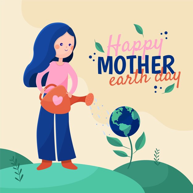 Mother earth day banner with woman watering planet