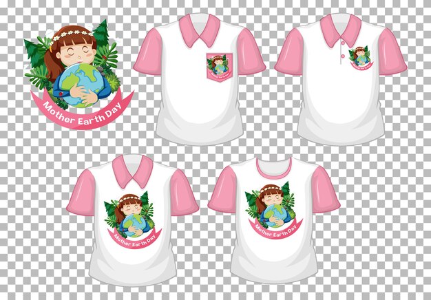Дизайн дня матери-земли и набор белой рубашки с розовыми короткими рукавами изолированы