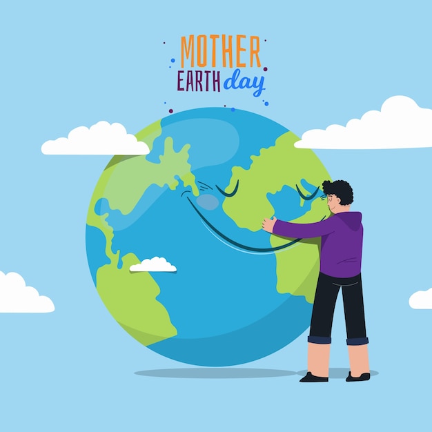 행성을 포옹하는 남자와 어머니 지구의 날