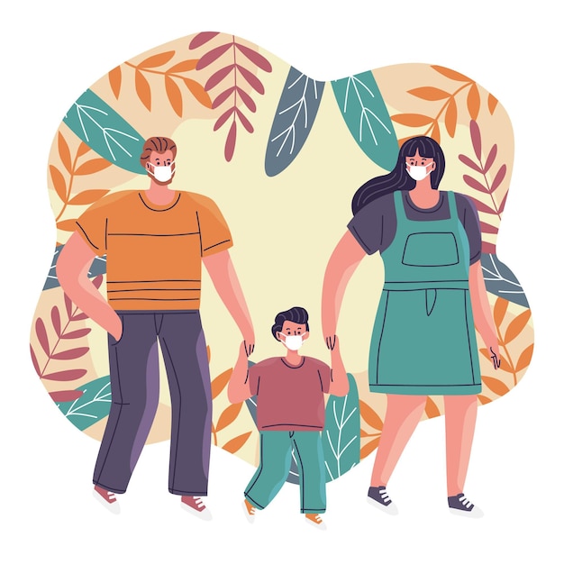 Free vector mother and father walking with their children with medical masks