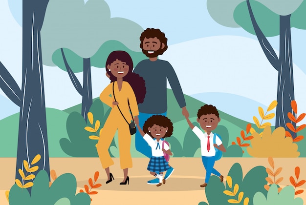 Free vector mother and father with their boy and girl with backpack