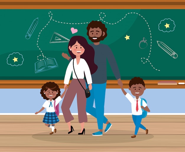 Free vector mother and father with their girl and boy students in the classroom