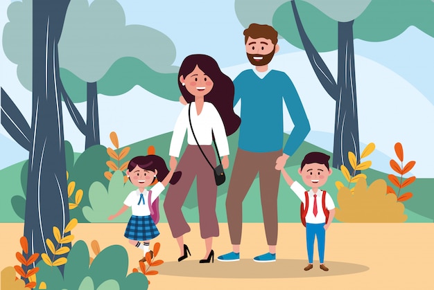 Free vector mother and father with their girl and boy students with plants