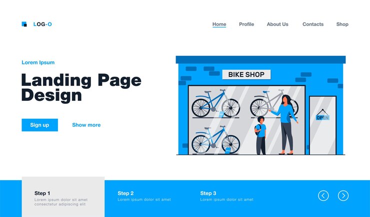 Free Vector mother and kid choosing bicycle in bike shop landing page in flat style