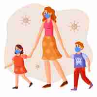 Free vector mother and kids wearing medical masks outdoors