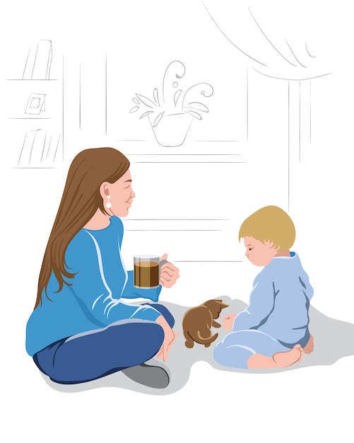 コーヒーを飲みながら小さな子猫と遊ぶ子供を見ている母親