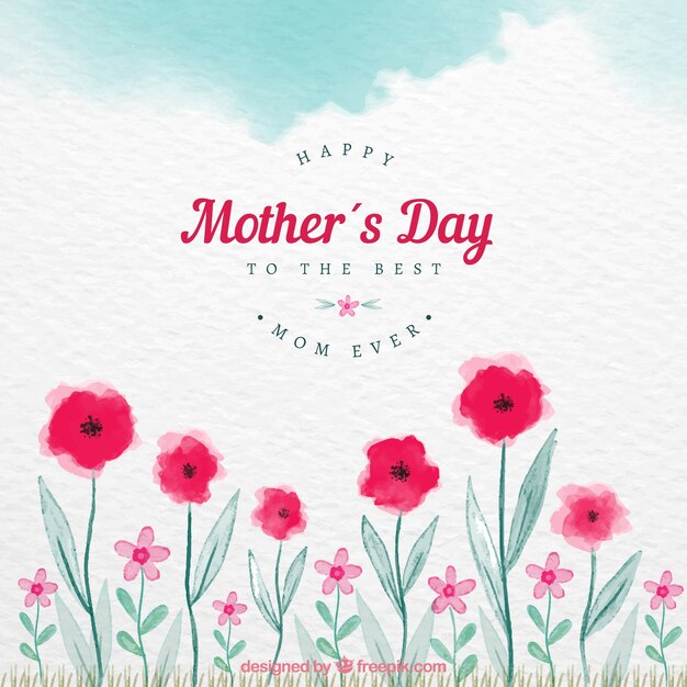 Mother's day background with red flowers in watercolor