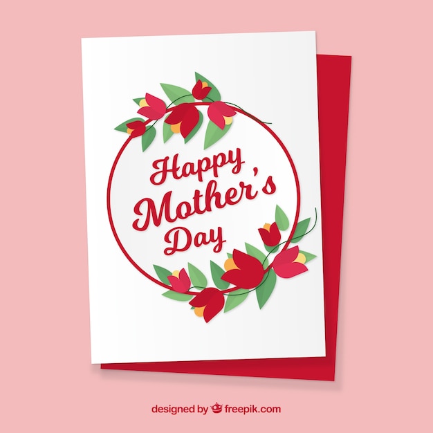 Vettore gratuito carta festa della mamma con i fiori rossi