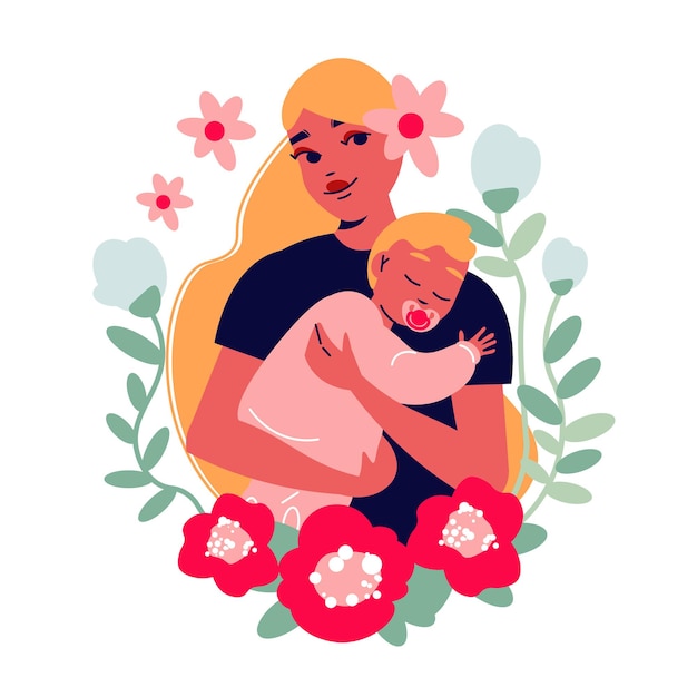 Vettore gratuito illustrazione della festa della mamma con una bella mamma con un bambino circondato da foglie e fiori