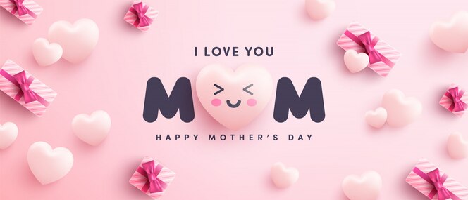 Mother's day poster or banner with sweet hearts and gift box on pink background.promotion and shopping template or background for love and mother's day concept