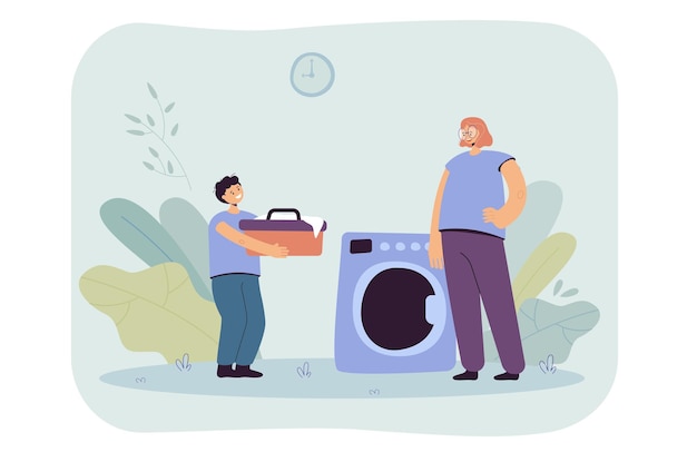 Mother and son doing laundry illustration