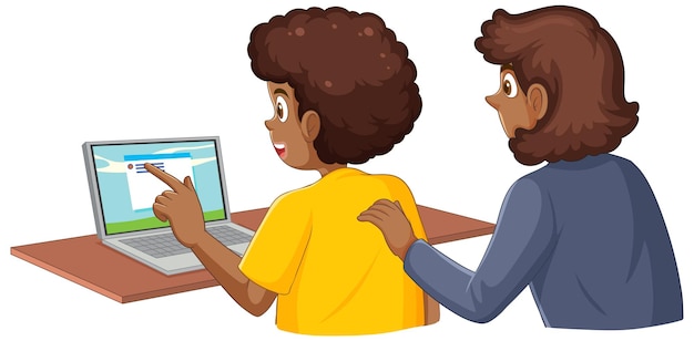 Mother and son using laptop vector