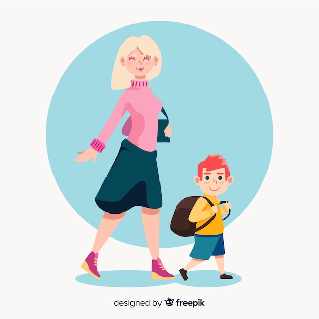 Free vector mother and son on the way back to school