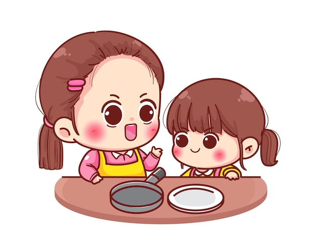 Mother teaching her daughter how to cook food cartoon illustration