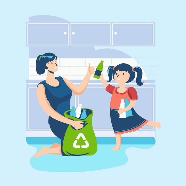 Mother teaching her daughter how to recycle