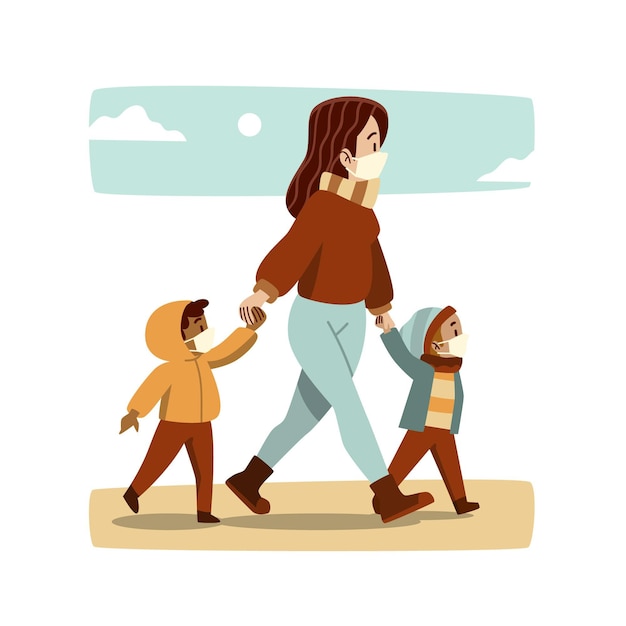 Free vector mother walking with their children with medical masks