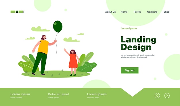 Mother with balloon for daughter landing page in flat style