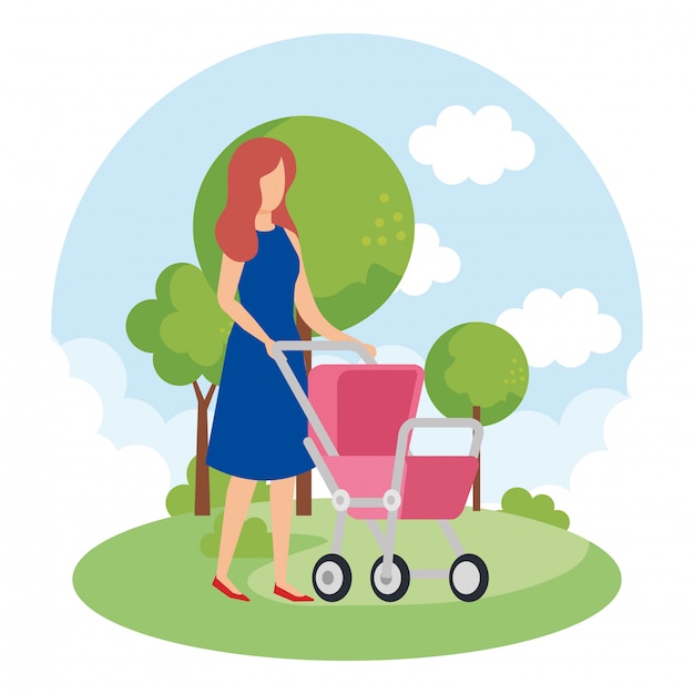 Mother with cart baby in the park