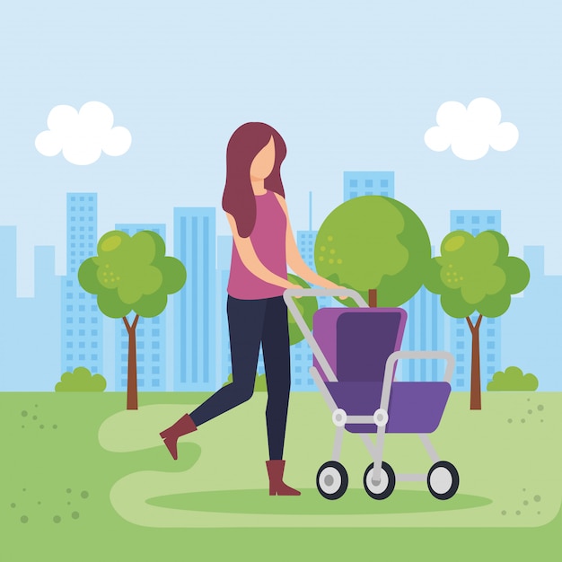 Free vector mother with cart baby in the park