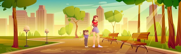 子供を持つ母親が都市公園を歩く