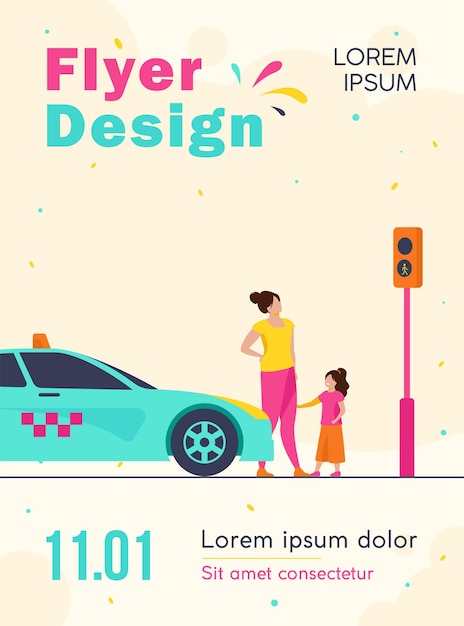 Free vector mother with daughter waiting for taxi flyer template