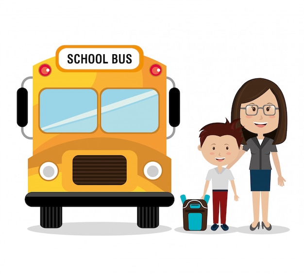 Mother with her son by school bus