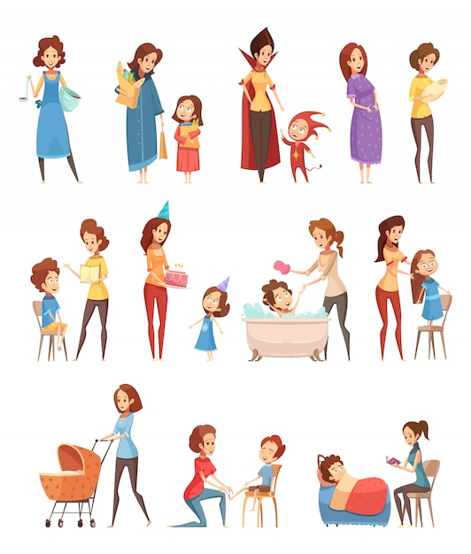 Motherhood child-rearing shopping playing walking reading to kids retro cartoon icons 3 banners set isolated vector illustration