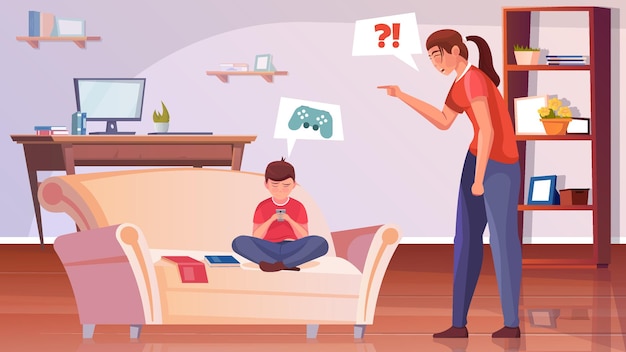 Motherhood flat background with angry mother scolds her little son for not doing his homework illustration