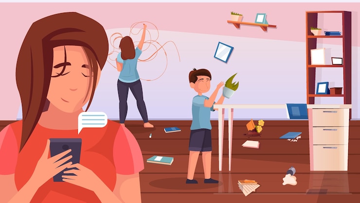 Free Vector motherhood flat background with girl and boy ignored by their mother looking at smartphone illustration