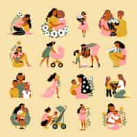 Бесплатное векторное изображение Набор цветов ко дню матери из изолированных иконок с женскими персонажами мамы, ее детей и векторной иллюстрацией цветов