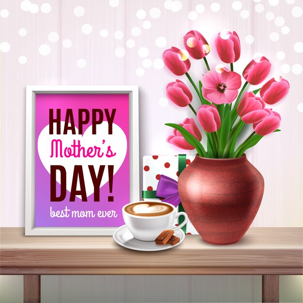 Цветная композиция Дня матери с букетом тюльпанов, чашкой кофе и самой лучшей мамой в мире