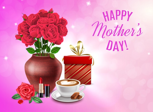 Mothers day composition with gift cosmetics bouquet of flowers and happy mothers day headline illustration