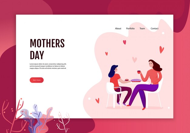 Mothers day concept of web banner with mom and daughter during eating of festive pie illustration