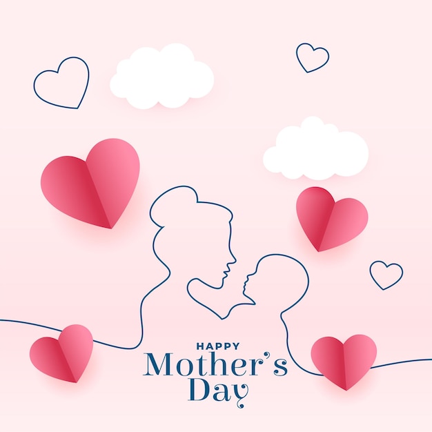 Mothers day greeting card in line style and paper hearts