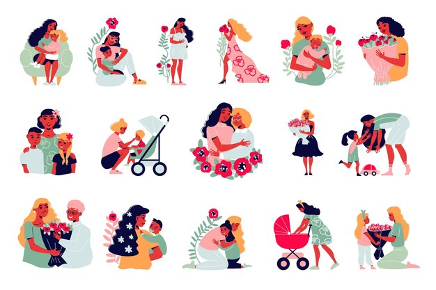 Mothers Day Set With Isolated Human Characters Of Mothers With Children And Flowers Baby Stroller Icons Vector Illustration