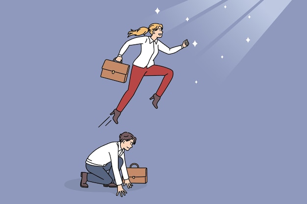 Motivated businesswoman jump over male colleague back reaching business career goal. confident woman worker approach purpose aim use coworker as stepping stone. success concept. vector illustration.