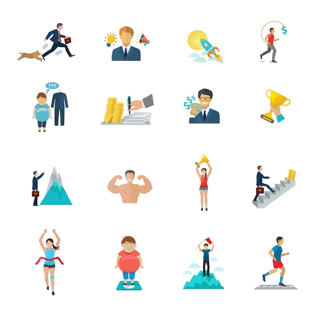 Motivation in office work and sport icons flat set 