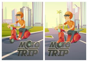 Moto trip posters with man on scooter on city road