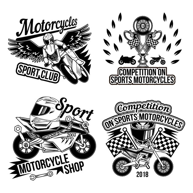 Motoclub set with isolated monochrome images of motorcycle parts wheels bikers accessories and finish race flag