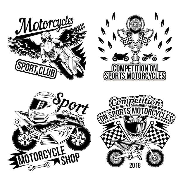 オートバイの部品、ホイール、バイカーのアクセサリー、レース旗の分離されたモノクロ画像がセットされたモトクラブ