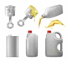 Бесплатное векторное изображение Пластиковые бутылки с моторным маслом, жестяная банка, реалистичный рекламный набор со смазанными элементами двигателей внутреннего сгорания, изолированные векторные иллюстрации