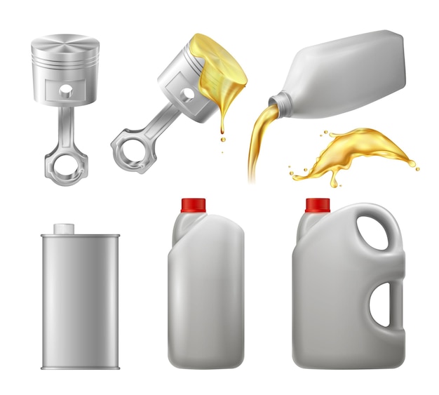 モーターオイルのプラスチックボトル缶缶潤滑燃焼エンジン要素分離ベクトル図と現実的な広告セット