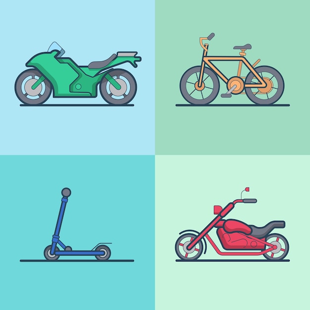 Free vector motorbike bicycle kick board scooter chopper transport set