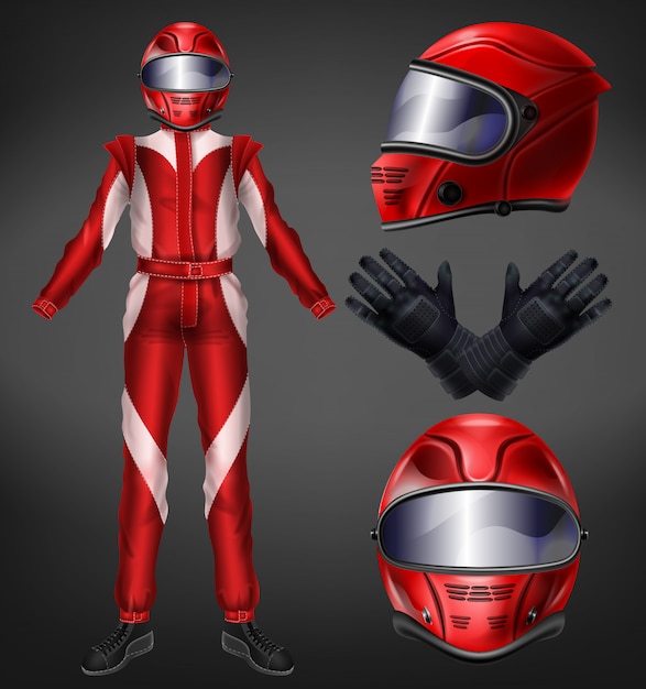 Free vector motorcycle or auto racer, racing team driver suit, protective uniform with full-face helmet, black gloves, boots and red, one-piece overalls realistic vector illustration isolated on black background