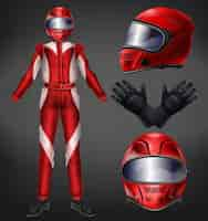 Free vector motorcycle or auto racer, racing team driver suit, protective uniform with full-face helmet, black gloves, boots and red, one-piece overalls realistic vector illustration isolated on black background