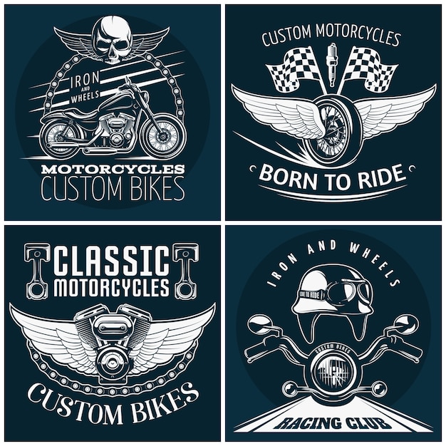 Мотоцикл подробный набор эмблем с описаниями пользовательских велосипедов, рожденных для езды на классических мотоциклах и гоночный клуб векторные иллюстрации