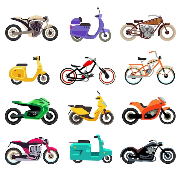 Free vector motorcycle, scooter and moped models in flat style.