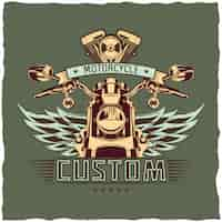 Free vector motorcycle t-shirt label design with illustration of classic motorcycle.