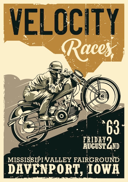 Vettore gratuito design di poster vintage tema motociclistico con illustrazione del motociclista in sella a moto d'epoca