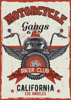 Motorcycle theme vintage poster design with illustration of helmet, glasses, wheel and wings